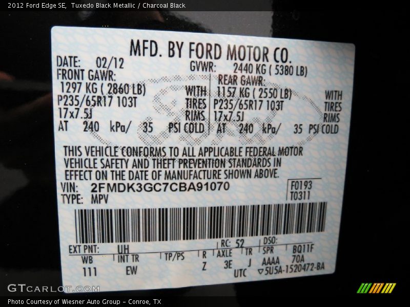 2012 Edge SE Tuxedo Black Metallic Color Code UH
