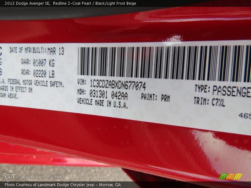 Redline 2-Coat Pearl / Black/Light Frost Beige 2013 Dodge Avenger SE