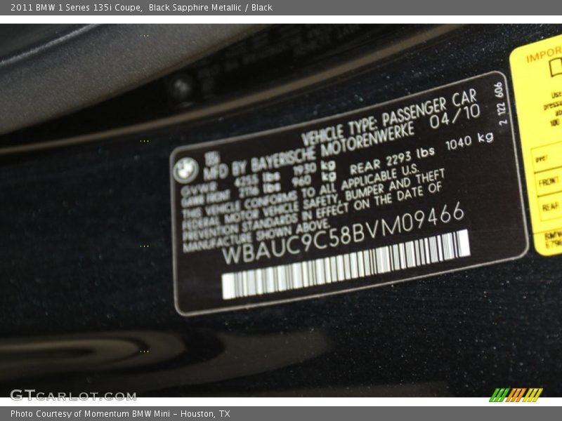 Black Sapphire Metallic / Black 2011 BMW 1 Series 135i Coupe
