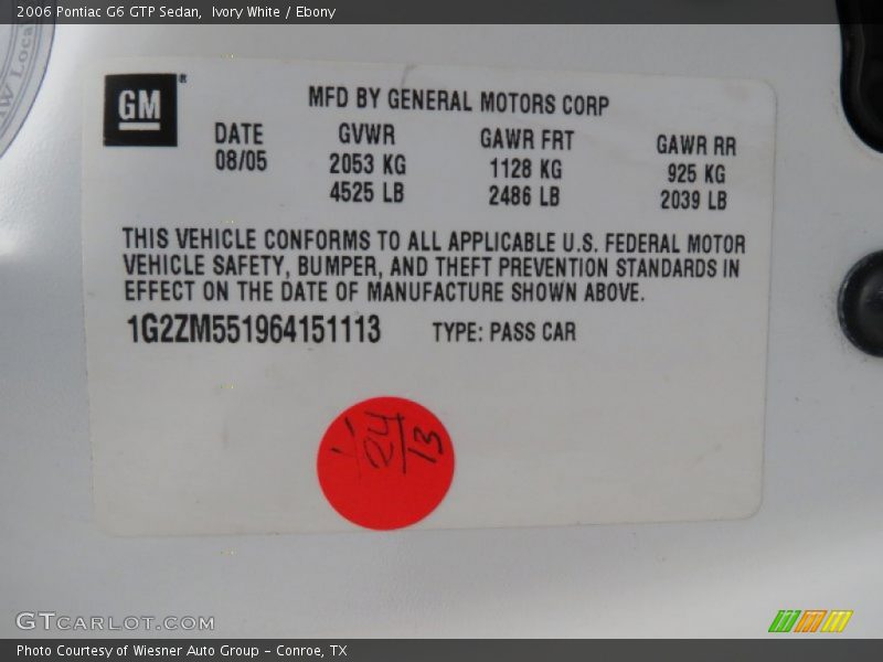 Ivory White / Ebony 2006 Pontiac G6 GTP Sedan