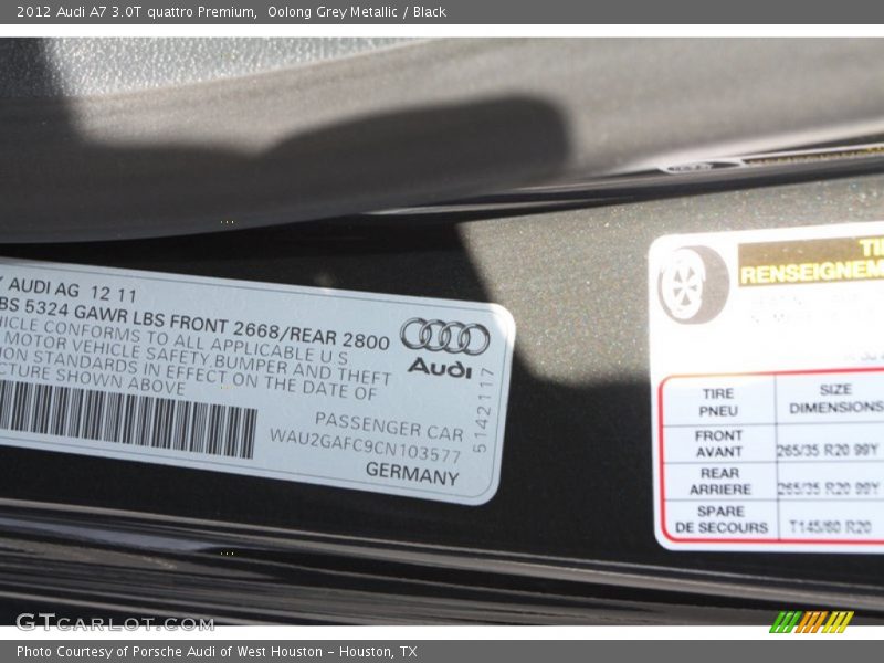 Oolong Grey Metallic / Black 2012 Audi A7 3.0T quattro Premium
