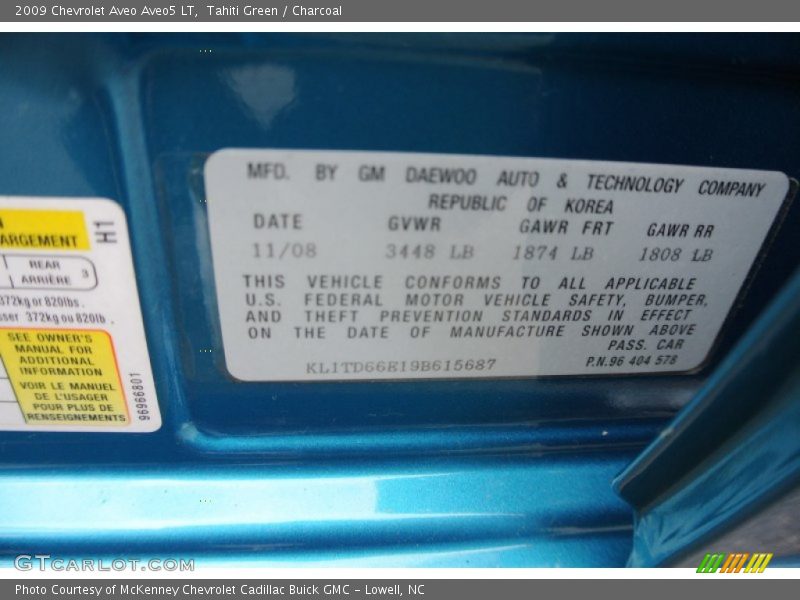 Info Tag of 2009 Aveo Aveo5 LT