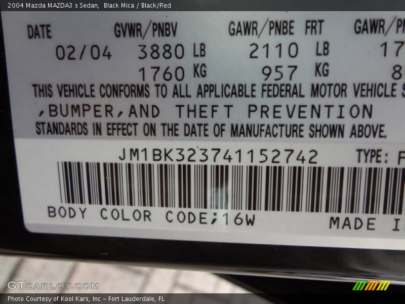 2004 MAZDA3 s Sedan Black Mica Color Code 16W