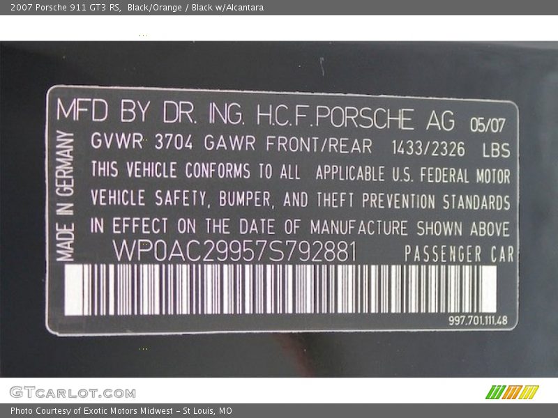 Info Tag of 2007 911 GT3 RS