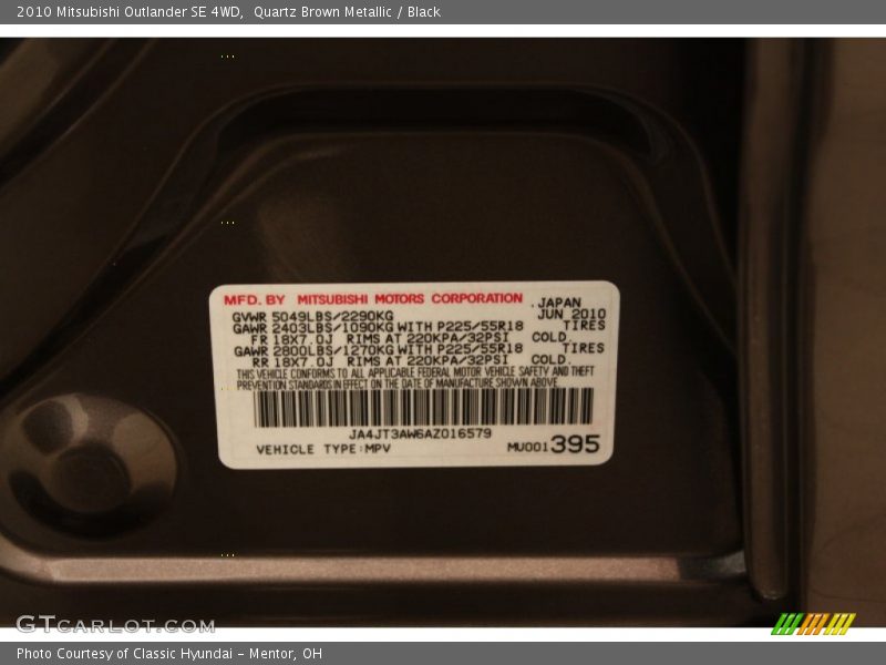 Info Tag of 2010 Outlander SE 4WD