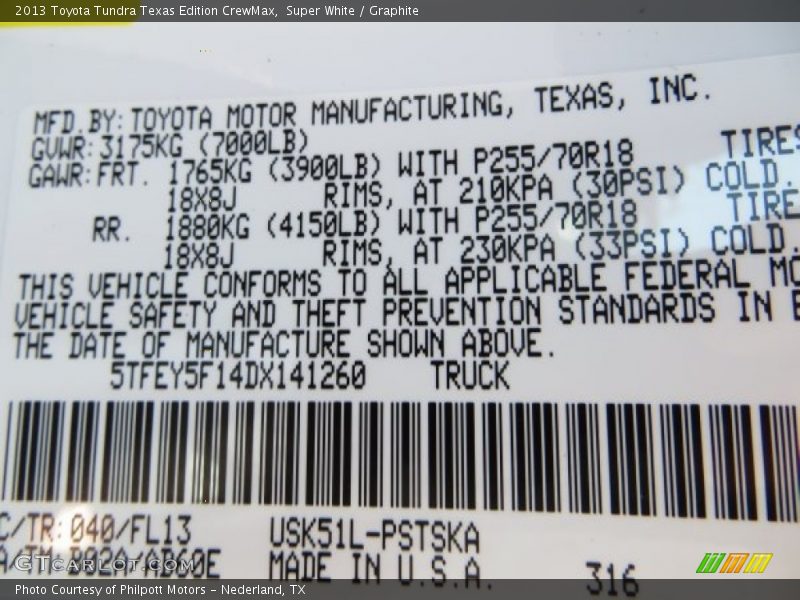 Super White / Graphite 2013 Toyota Tundra Texas Edition CrewMax