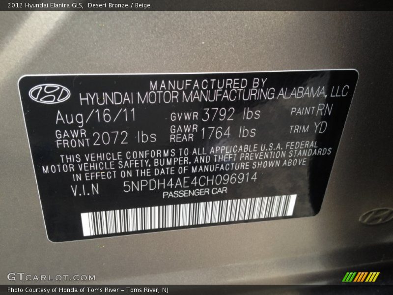 Desert Bronze / Beige 2012 Hyundai Elantra GLS