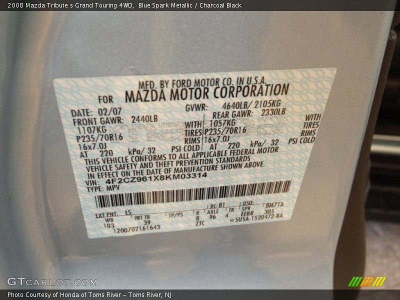 Blue Spark Metallic / Charcoal Black 2008 Mazda Tribute s Grand Touring 4WD