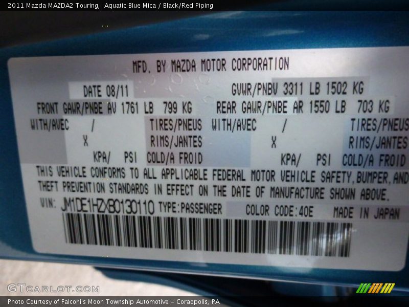Aquatic Blue Mica / Black/Red Piping 2011 Mazda MAZDA2 Touring
