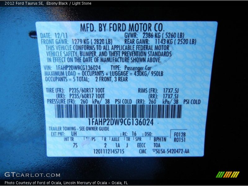 Ebony Black / Light Stone 2012 Ford Taurus SE