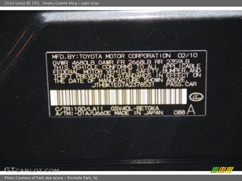 Smoky Granite Mica / Light Gray 2010 Lexus ES 350