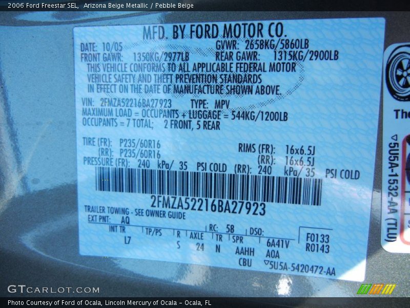 Arizona Beige Metallic / Pebble Beige 2006 Ford Freestar SEL