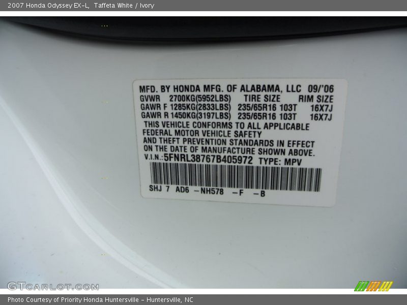 Taffeta White / Ivory 2007 Honda Odyssey EX-L