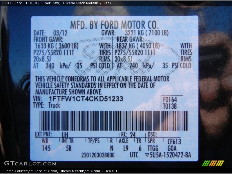 2012 F150 FX2 SuperCrew Tuxedo Black Metallic Color Code UH