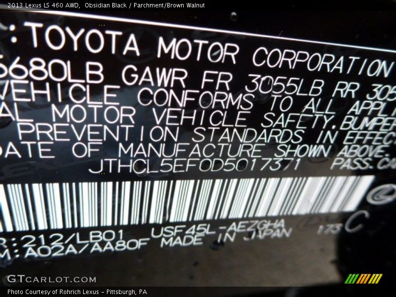 2013 LS 460 AWD Obsidian Black Color Code 212