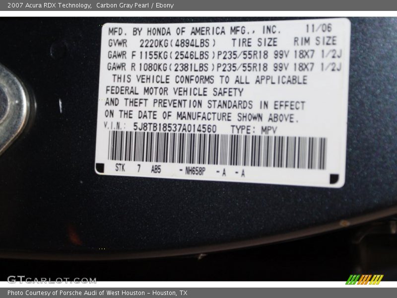 Carbon Gray Pearl / Ebony 2007 Acura RDX Technology