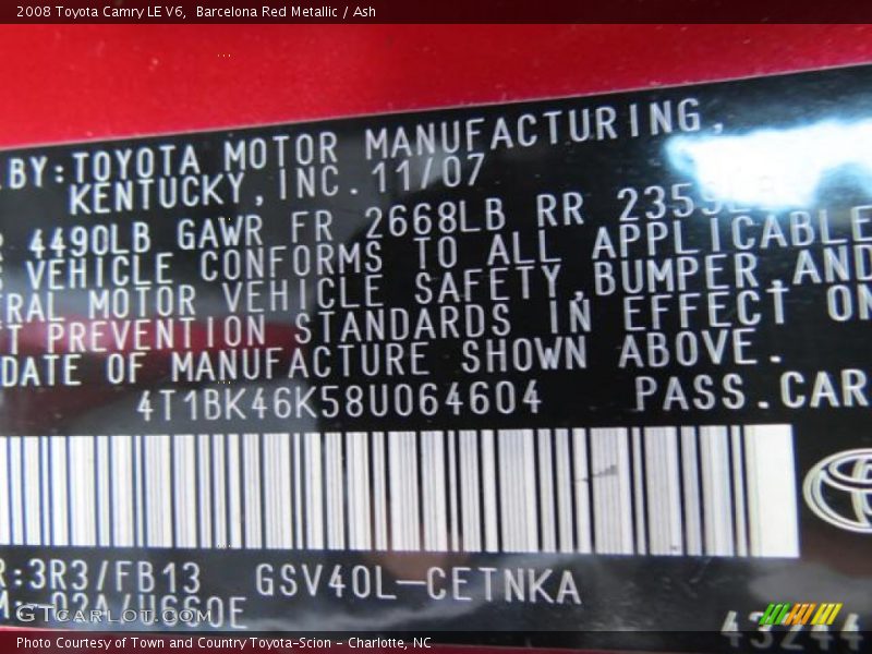 Barcelona Red Metallic / Ash 2008 Toyota Camry LE V6