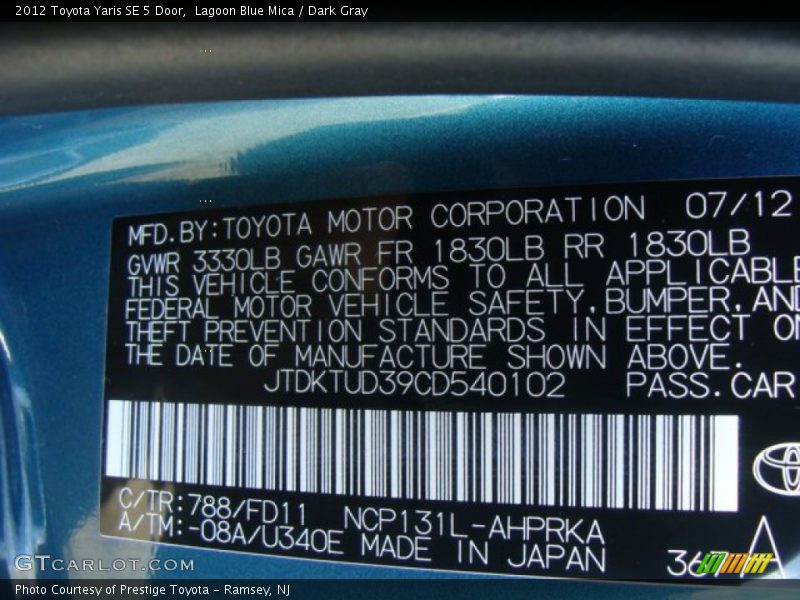 2012 Yaris SE 5 Door Lagoon Blue Mica Color Code 788