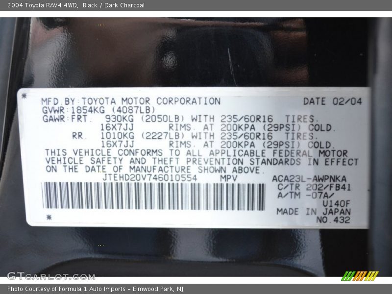 Black / Dark Charcoal 2004 Toyota RAV4 4WD