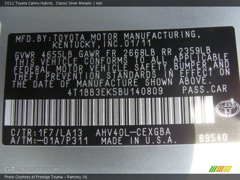 Classic Silver Metallic / Ash 2011 Toyota Camry Hybrid