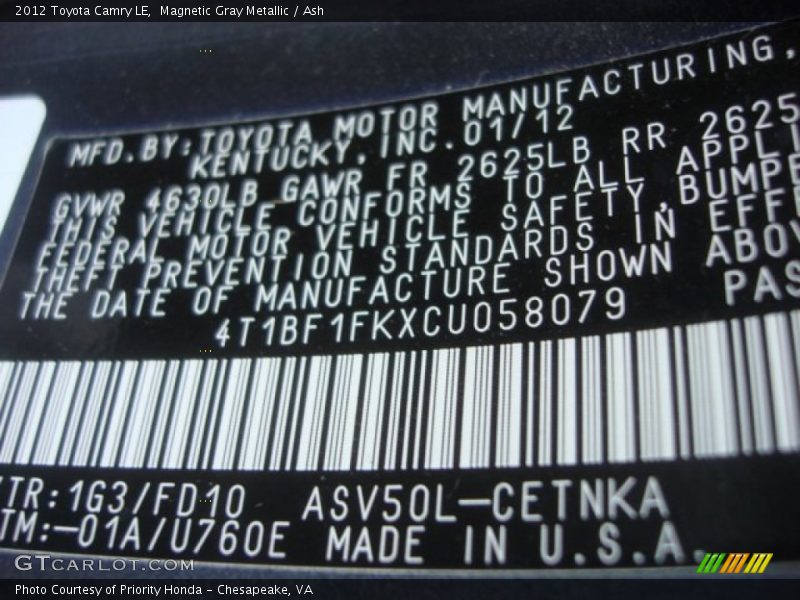 Magnetic Gray Metallic / Ash 2012 Toyota Camry LE