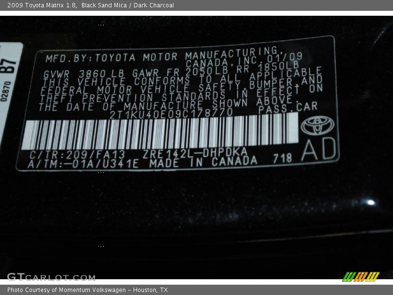 Black Sand Mica / Dark Charcoal 2009 Toyota Matrix 1.8