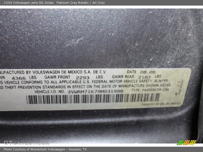 Platinum Gray Metallic / Art Grey 2009 Volkswagen Jetta SEL Sedan