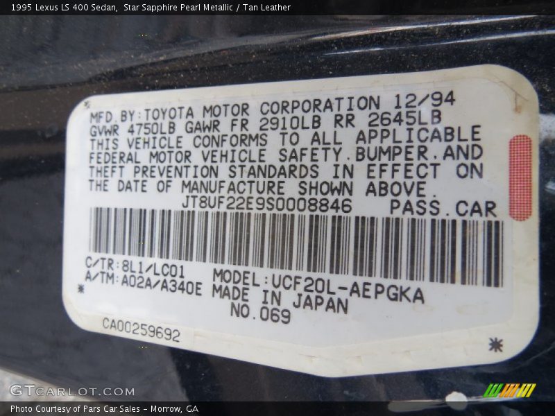 1995 LS 400 Sedan Star Sapphire Pearl Metallic Color Code 8L1