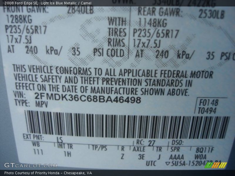 2008 Edge SE Light Ice Blue Metallic Color Code LS