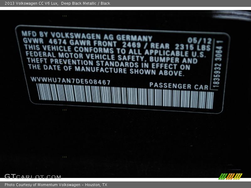 Deep Black Metallic / Black 2013 Volkswagen CC V6 Lux
