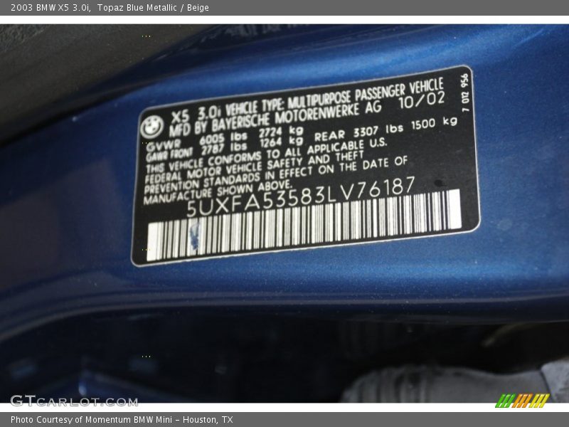 Topaz Blue Metallic / Beige 2003 BMW X5 3.0i
