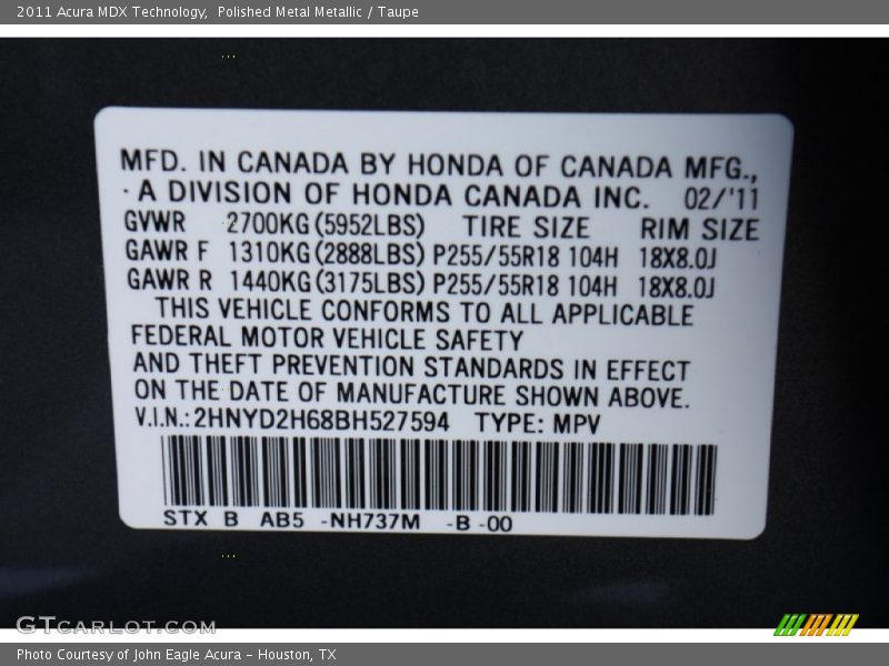 Polished Metal Metallic / Taupe 2011 Acura MDX Technology