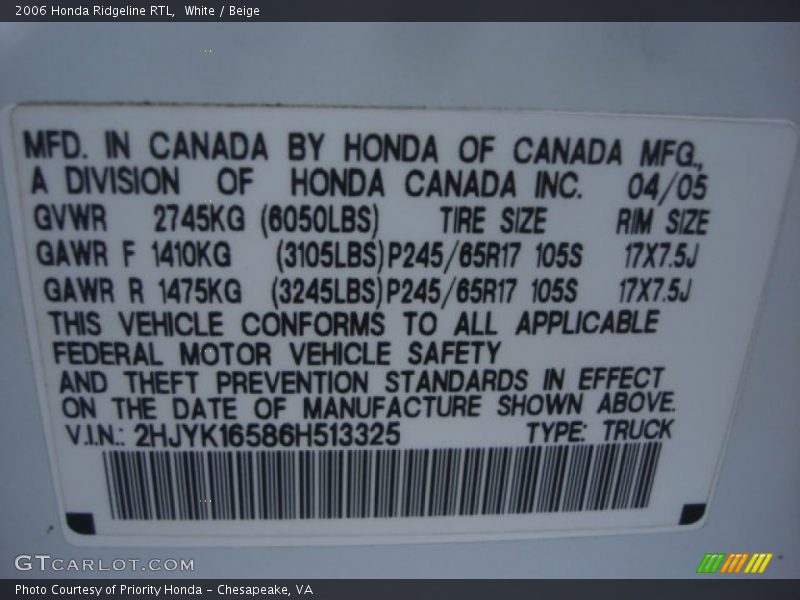 White / Beige 2006 Honda Ridgeline RTL