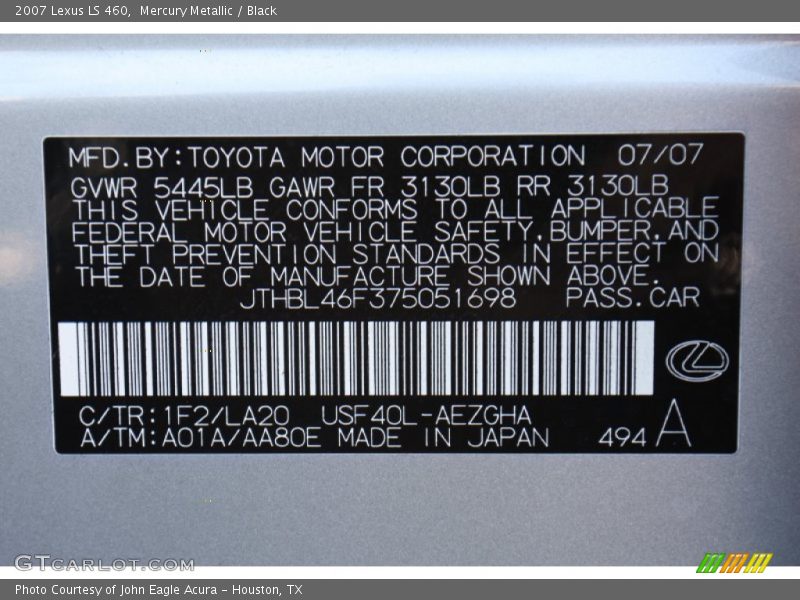 Mercury Metallic / Black 2007 Lexus LS 460