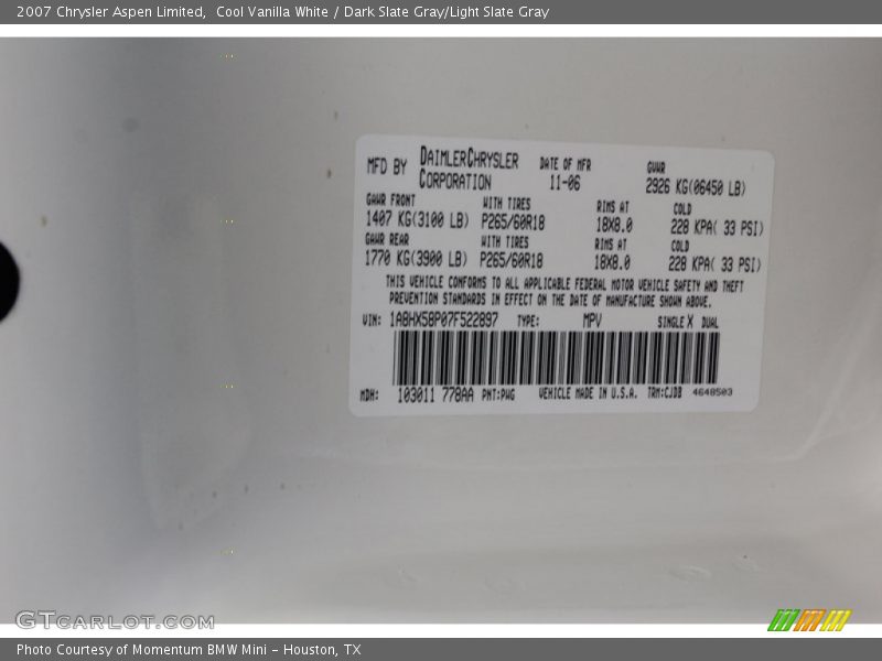 Cool Vanilla White / Dark Slate Gray/Light Slate Gray 2007 Chrysler Aspen Limited