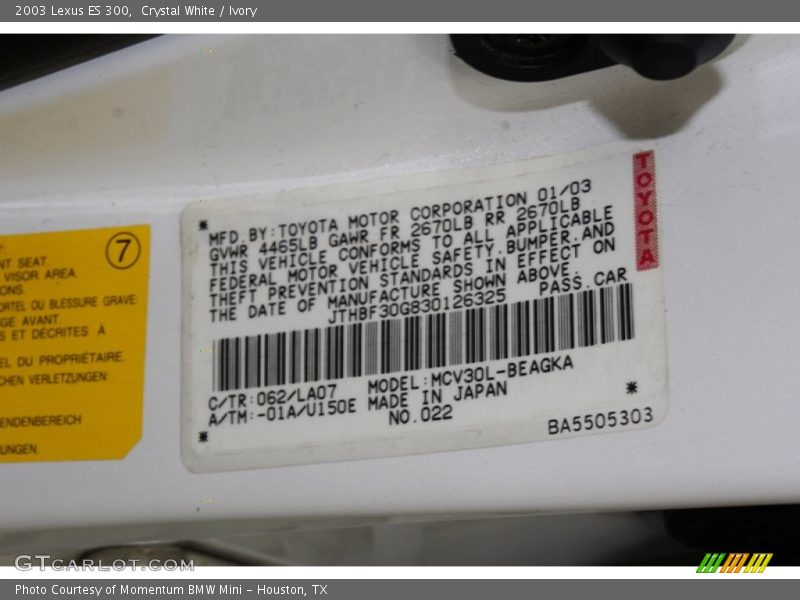 2003 ES 300 Crystal White Color Code 062