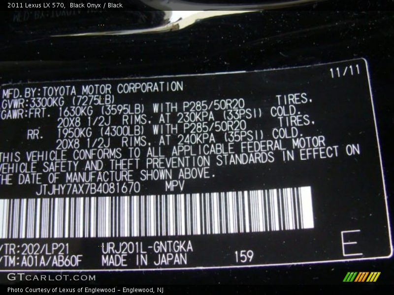 Black Onyx / Black 2011 Lexus LX 570