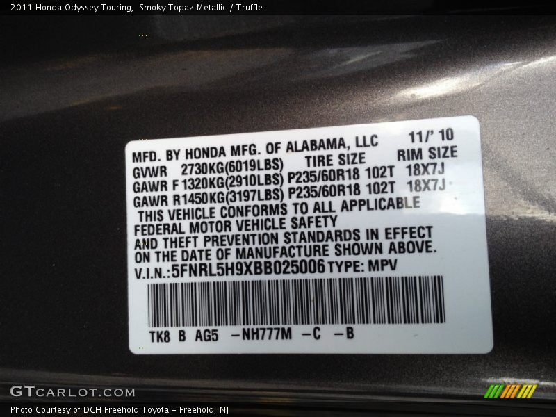 2011 Odyssey Touring Smoky Topaz Metallic Color Code NH777M
