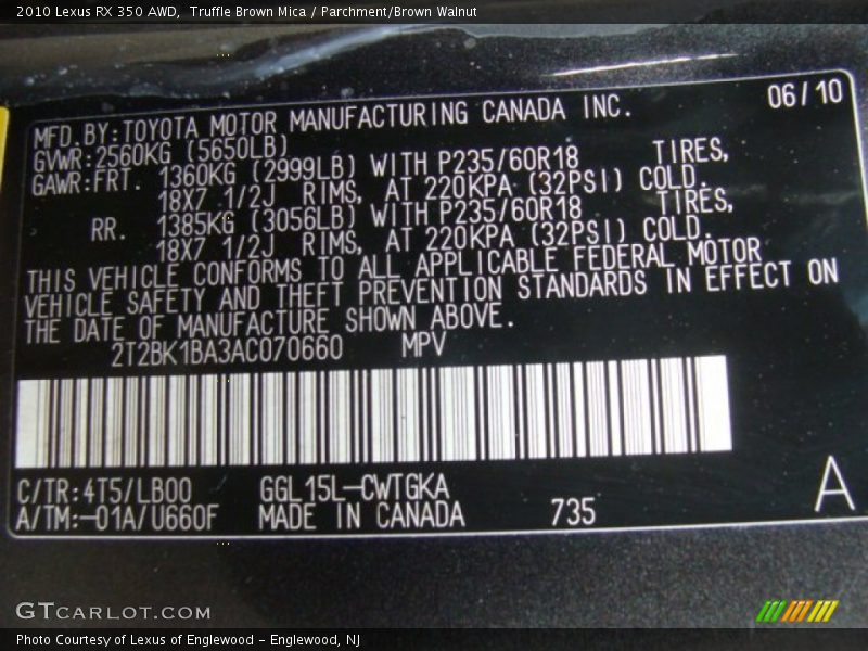 2010 RX 350 AWD Truffle Brown Mica Color Code 4T5