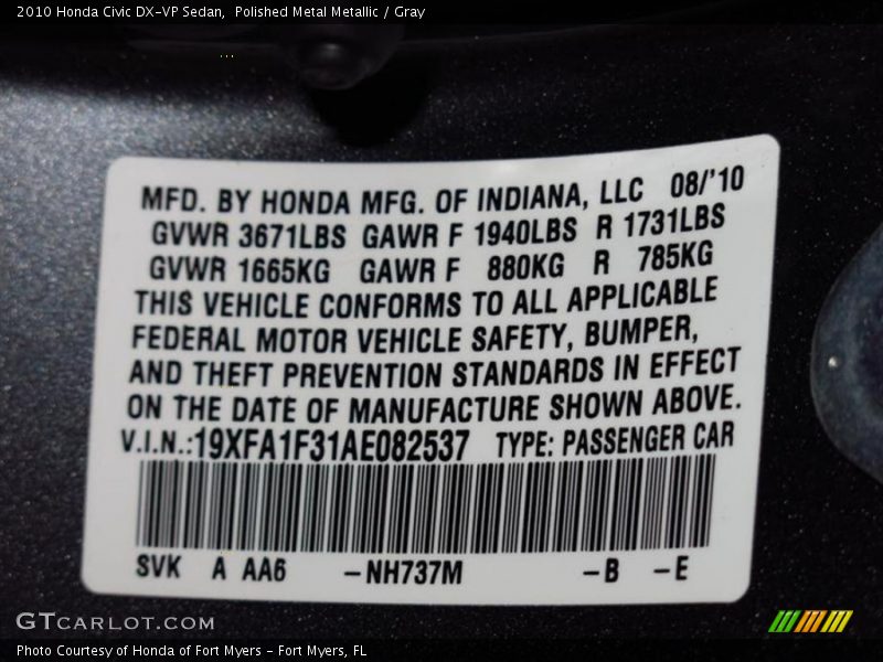 Polished Metal Metallic / Gray 2010 Honda Civic DX-VP Sedan