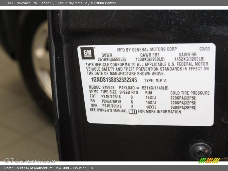 Dark Gray Metallic / Medium Pewter 2003 Chevrolet TrailBlazer LS