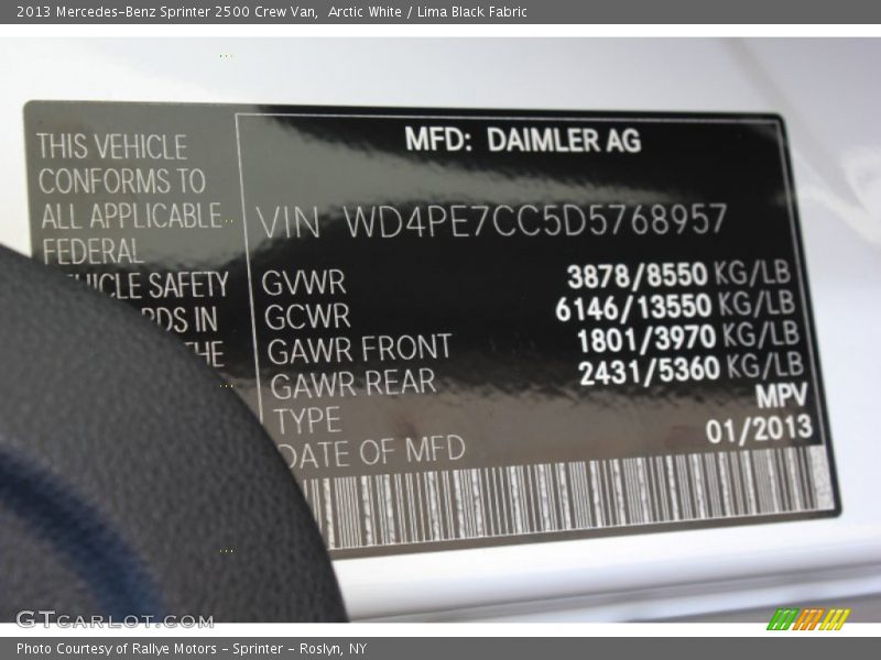 Info Tag of 2013 Sprinter 2500 Crew Van