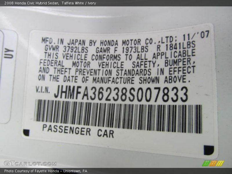 Taffeta White / Ivory 2008 Honda Civic Hybrid Sedan