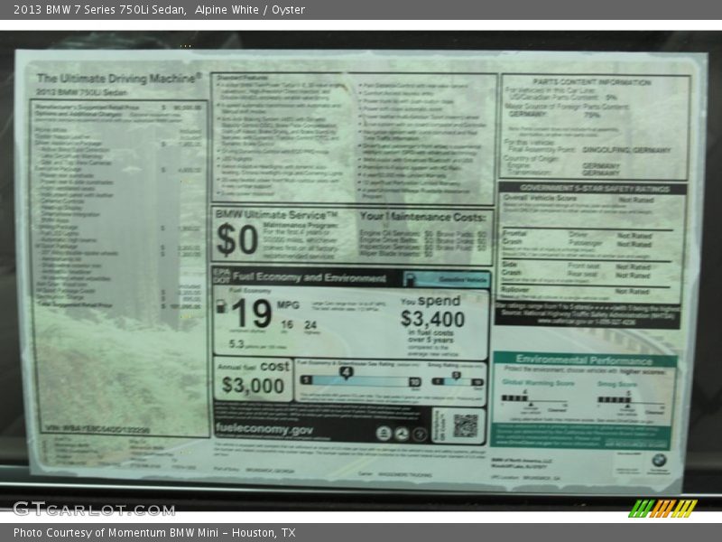  2013 7 Series 750Li Sedan Window Sticker