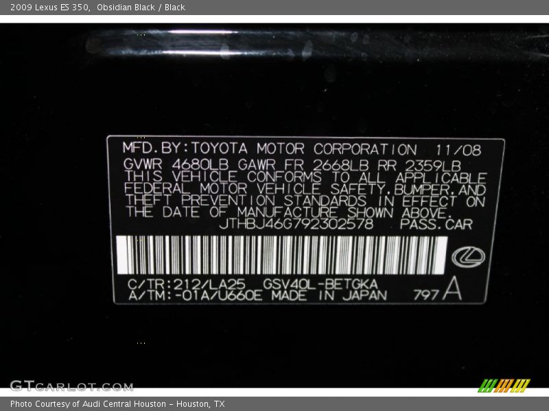 Obsidian Black / Black 2009 Lexus ES 350