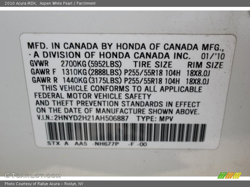 Aspen White Pearl / Parchment 2010 Acura MDX