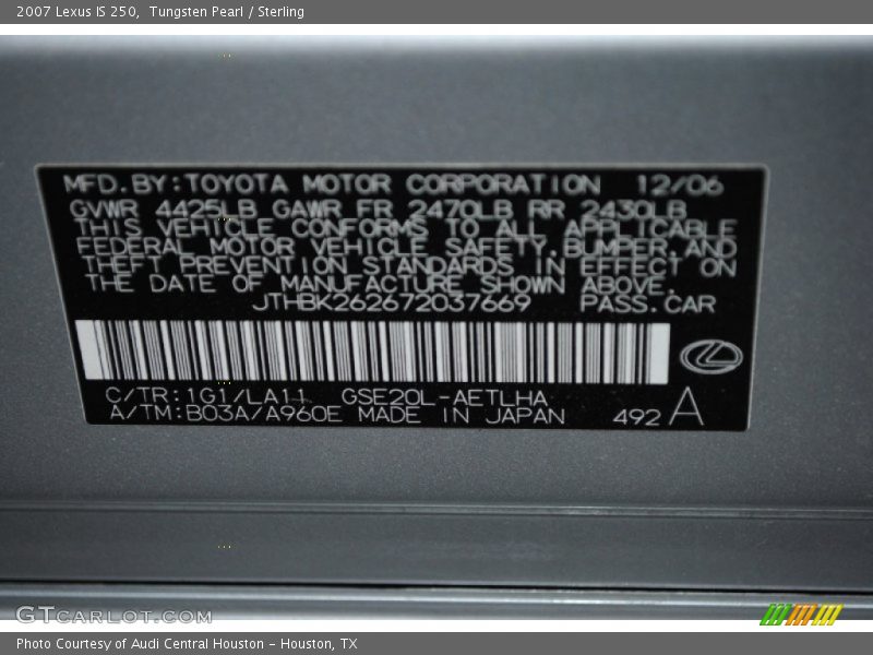 2007 IS 250 Tungsten Pearl Color Code 1G1