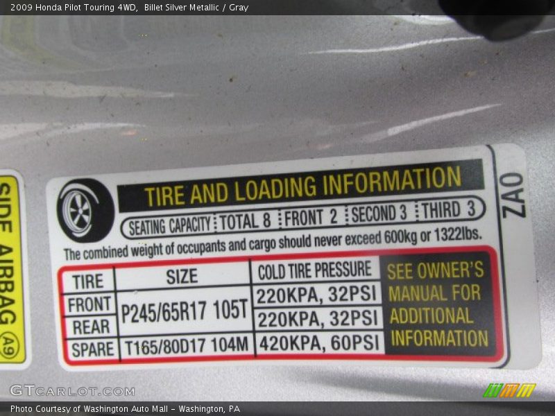 Info Tag of 2009 Pilot Touring 4WD