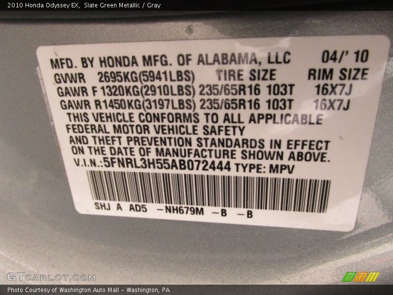 Slate Green Metallic / Gray 2010 Honda Odyssey EX