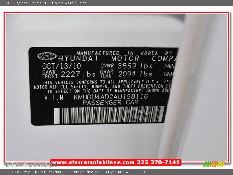 Nordic White / Beige 2010 Hyundai Elantra GLS